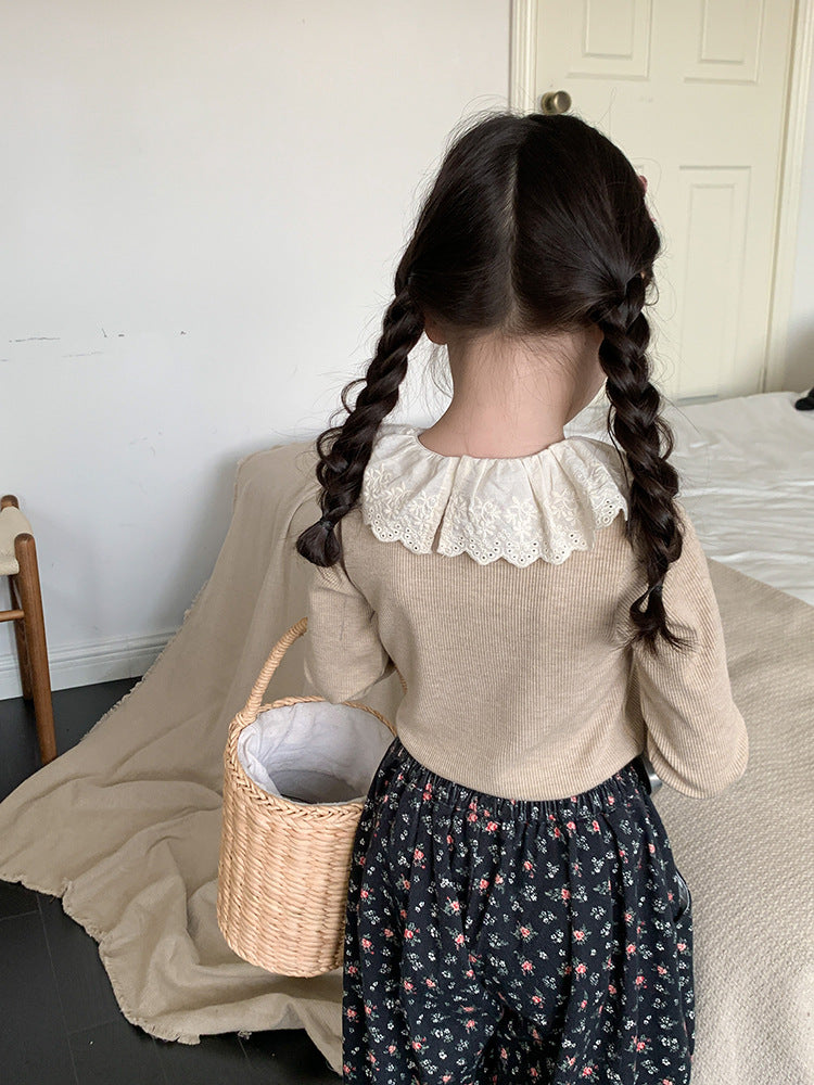 Girls' Soft Cashmere Sunken Stripe Lace Collar Bottoming Shirt