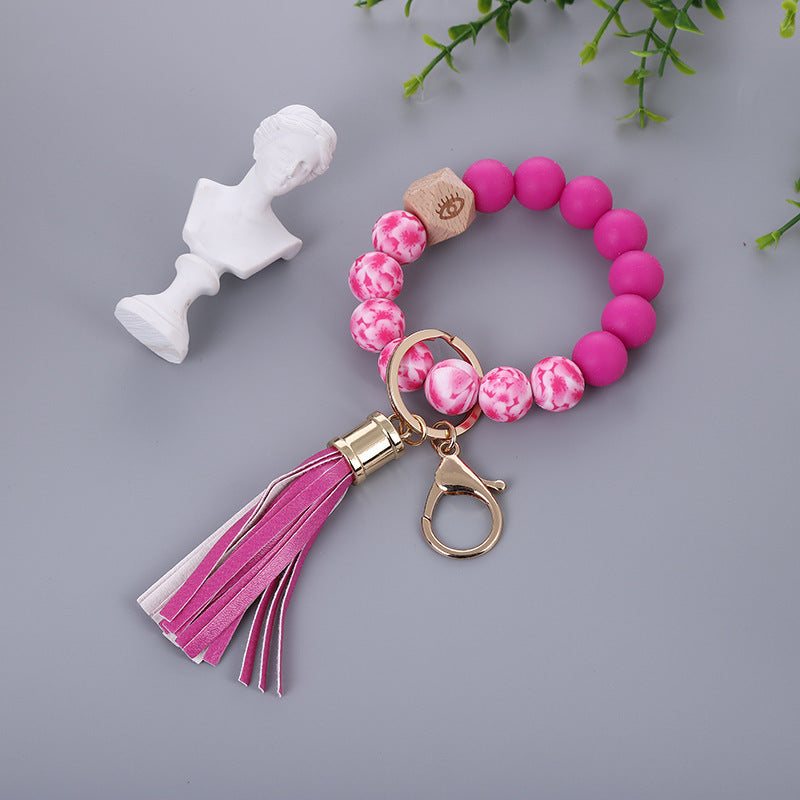 Color Silicone Bead Bracelet PU Tassel Key Chain