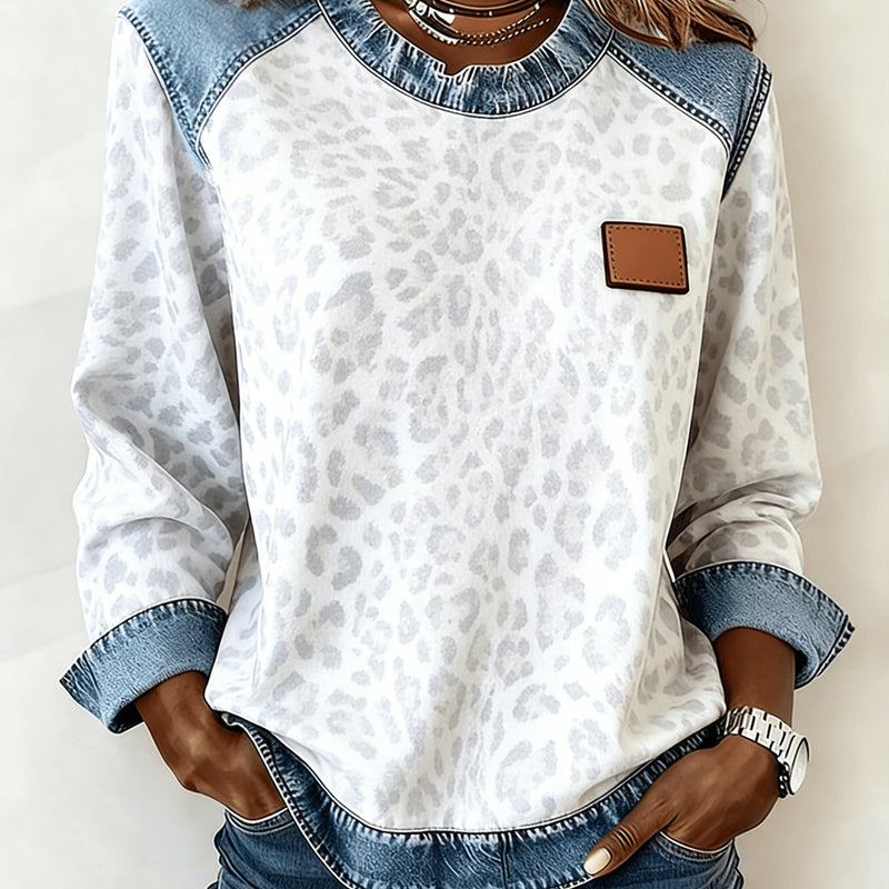 Casual Round Neck Denim Patchwork Leopard Print Long-sleeved Loose Top