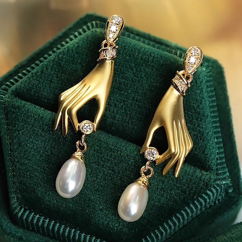 Creative Micro Inlaid Zircon Palm Pearl Pendant Earrings
