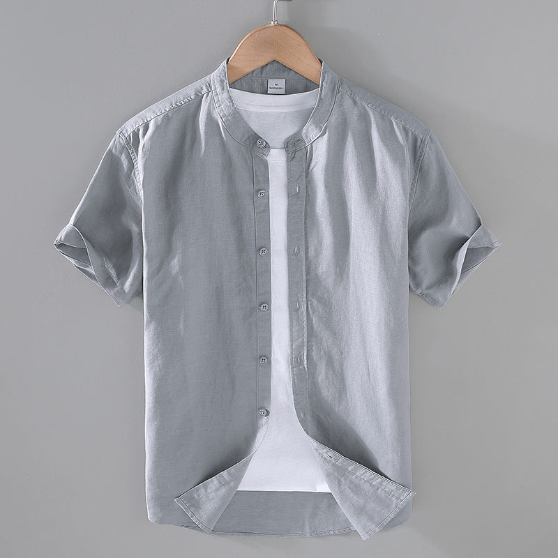 Solid-color Linen Shirt Mens Short-sleeve Casual Top