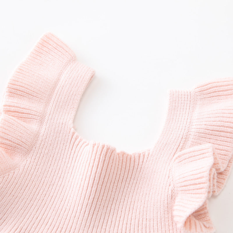 Girls' Stringy Selvedge Dress Flounced Sleeve Knitted Vest