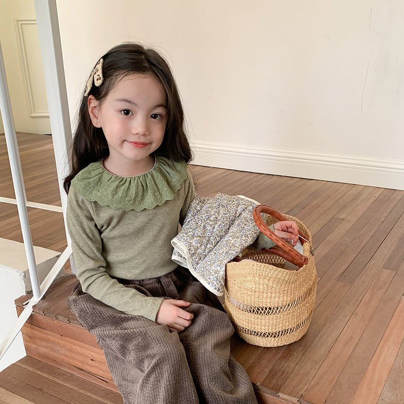 Girls' Soft Cashmere Sunken Stripe Lace Collar Bottoming Shirt