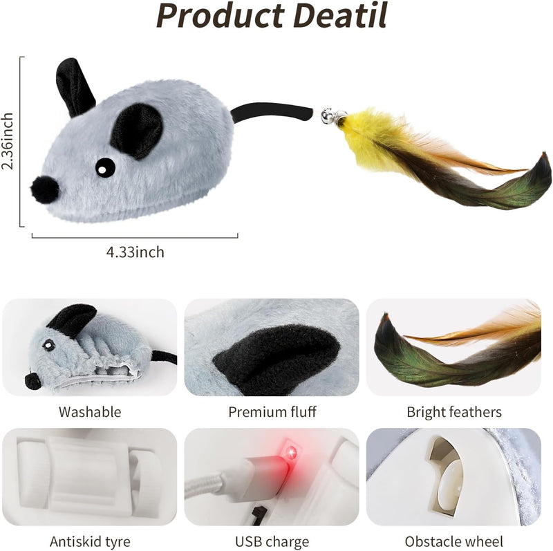 Brinquedo de Rato Interativo para Gatos de Interior Rato LED Recarregável com Pena Guizo e Cauda Brinquedo Elétrico Realista de Movimento Automático para Gatos para Exercício e Combate ao Tédio em Todas as Raças