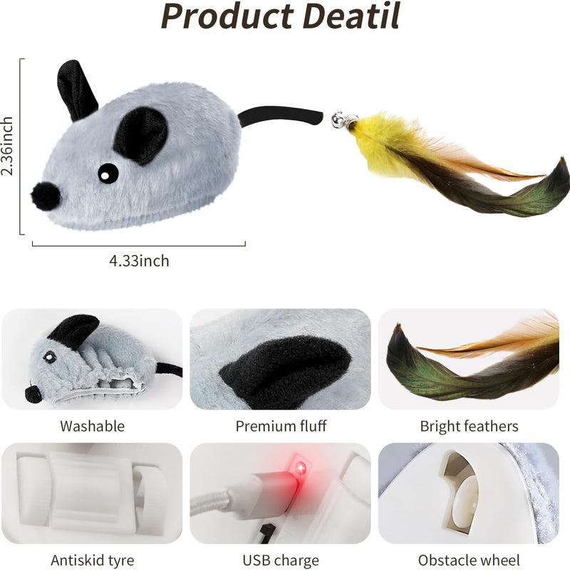 Brinquedo de Rato Interativo para Gatos de Interior Rato LED Recarregável com Pena Guizo e Cauda Brinquedo Elétrico Realista de Movimento Automático para Gatos para Exercício e Combate ao Tédio em Todas as Raças