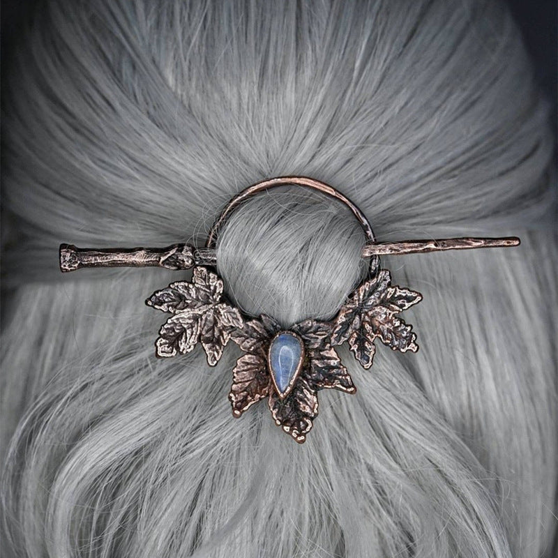 Gancho de cabelo feminino gótico retro com esqueleto de corvo, luar, pedra e chifres de veado