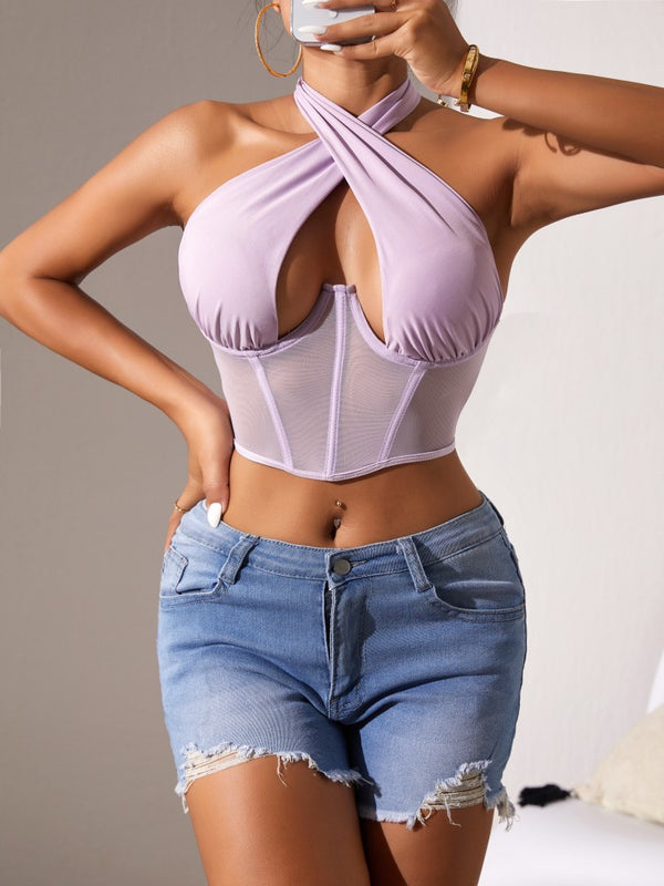 Top Stitching Mesh Transparenter Cross-Neck Neckholder-BH mit Fischgrätmuster