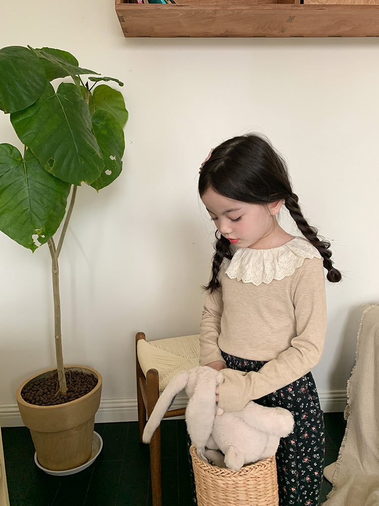 Girls' Soft Cashmere Sunken Stripe Lace Collar Bottoming Shirt