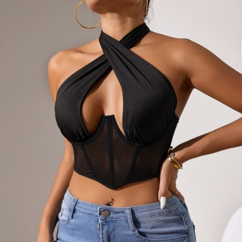Top Stitching Mesh Transparenter Cross-Neck Neckholder-BH mit Fischgrätmuster