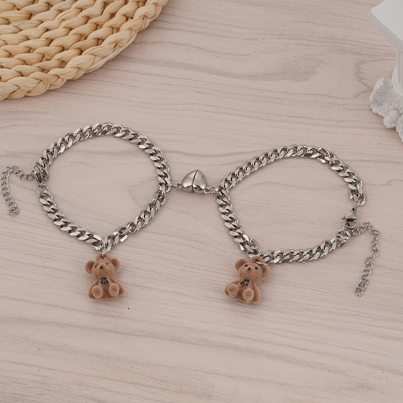 Edelstahl-Bären-Anhänger mit Flock-Effekt, dreidimensional, Herz-Magnetverschluss, Partnerarmband