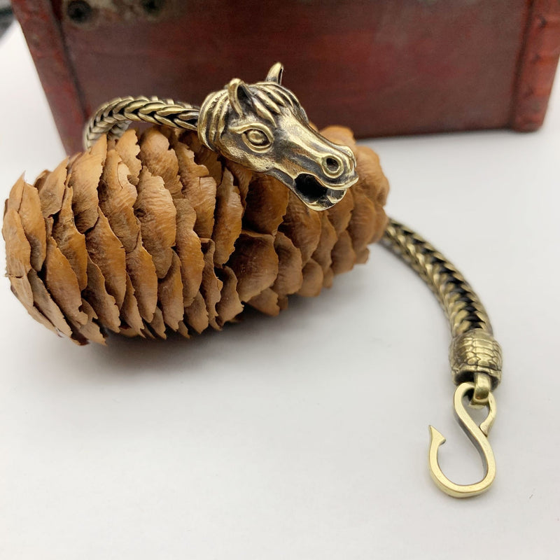 Bracelete de Corrente em Latão Puro com Cavalo Vintage
