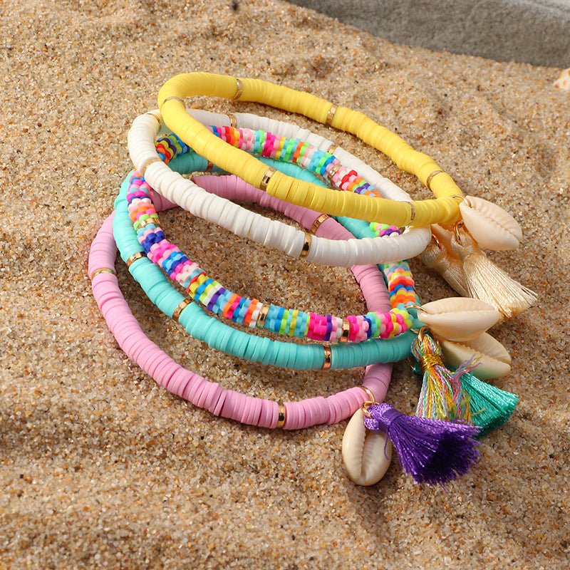 Bohemian Ethnic Shell Tassel Bracelet Simple Colored Soft Clay Bracelet