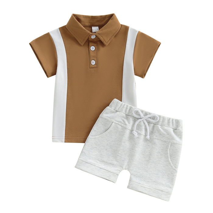 Boys' Lapel Color Matching T-shirt Short Sleeve Shorts Suit
