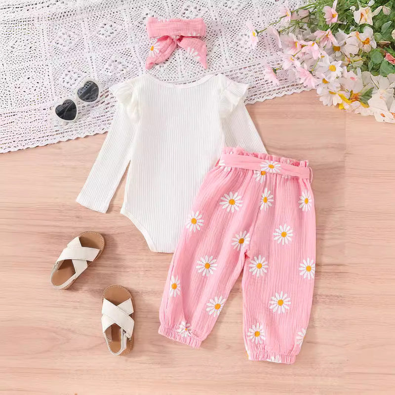 Ruffled Long-sleeve Bodysuit Paired With Matching Pants And A Bow Hair Accessory