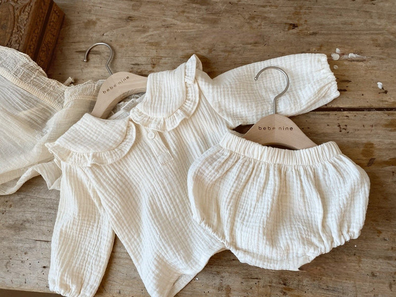 Baby Wrinkled Cotton Ruffle Collar Lapel Top Pants Set