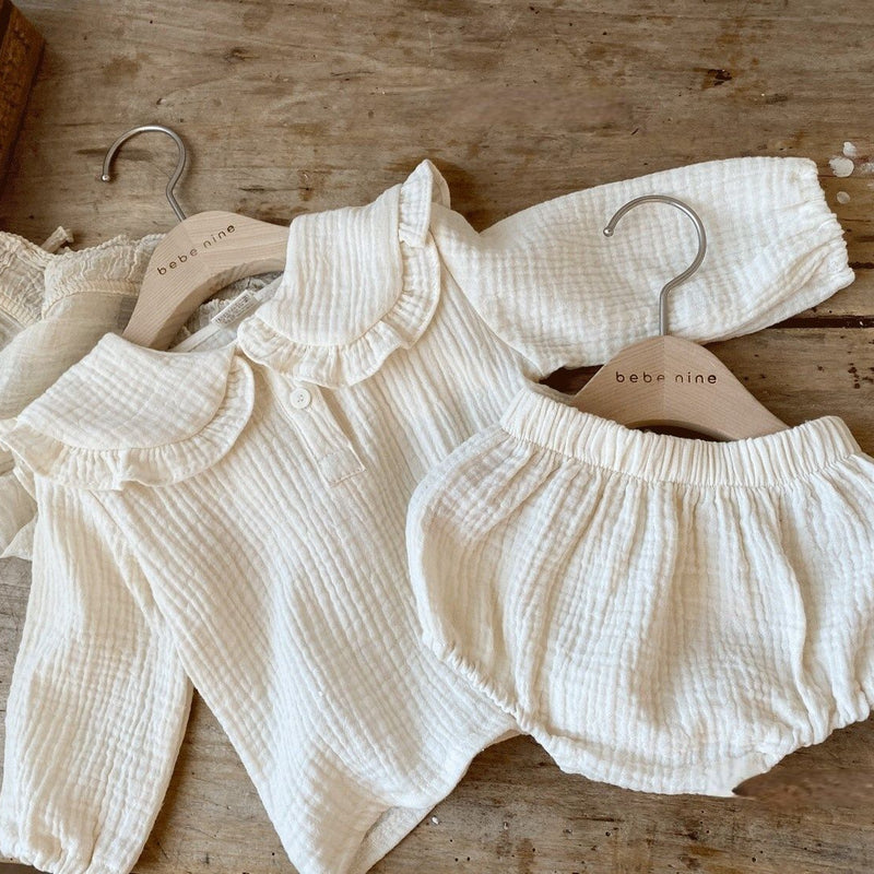 Baby Wrinkled Cotton Ruffle Collar Lapel Top Pants Set