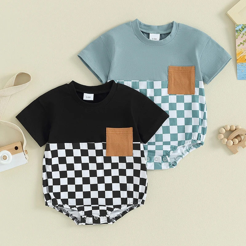Baby-Sommer-Jumpsuit Waffel-Patchwork-Tasche Kurzarm