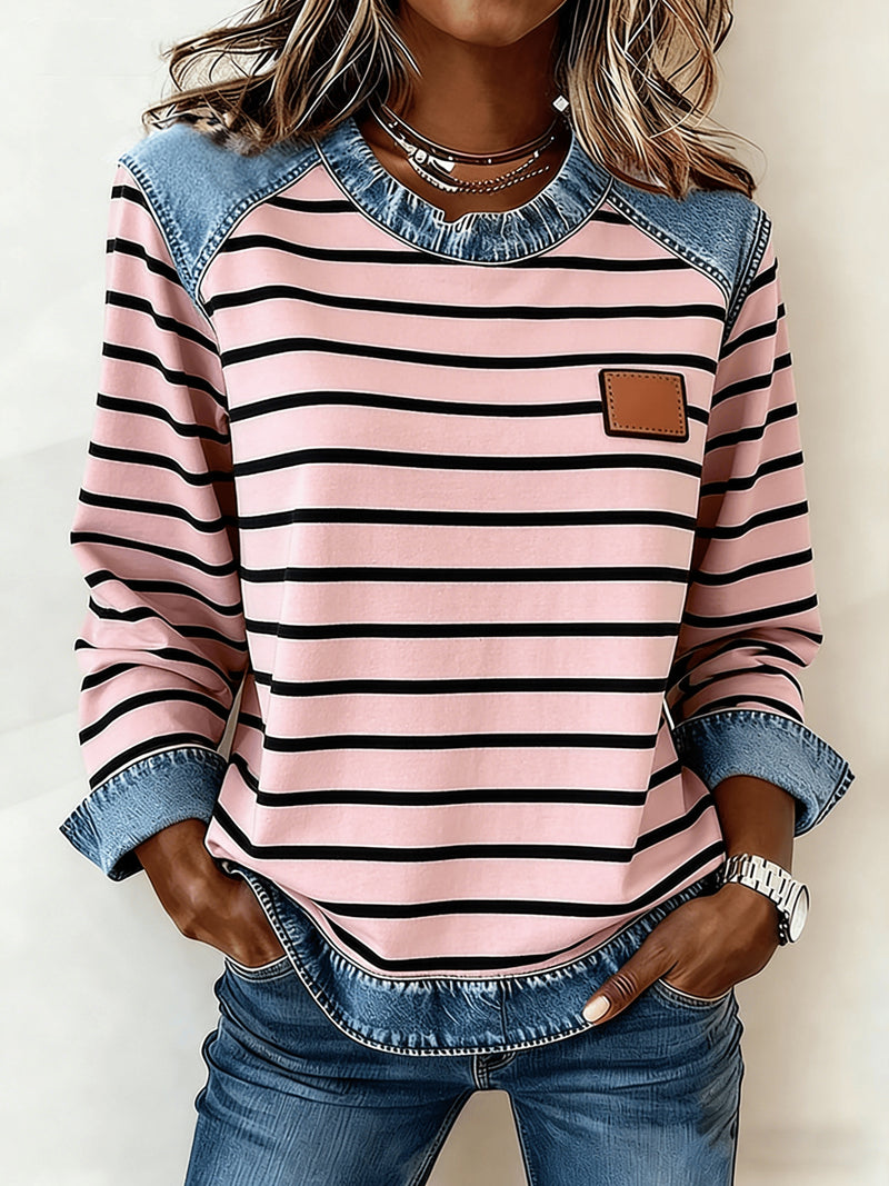 Casual Round Neck Denim Patchwork Leopard Print Long-sleeved Loose Top