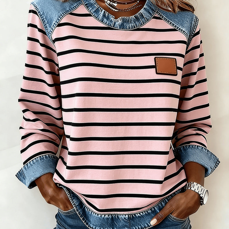 Casual Round Neck Denim Patchwork Leopard Print Long-sleeved Loose Top