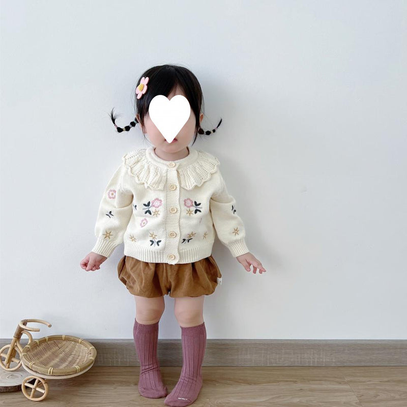 Children's Flower Embroidered Lotus Collar Knitted Warm Long Sleeve Cardigan Jacket
