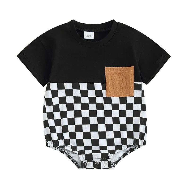 Baby-Sommer-Jumpsuit Waffel-Patchwork-Tasche Kurzarm