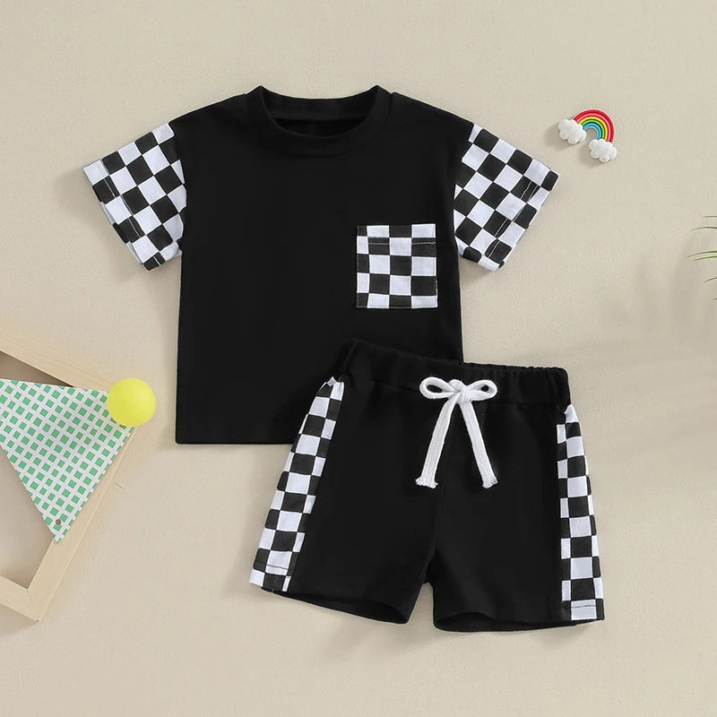 Lässiger karierter Kurzarm-Anzug mit Taschen für Damen