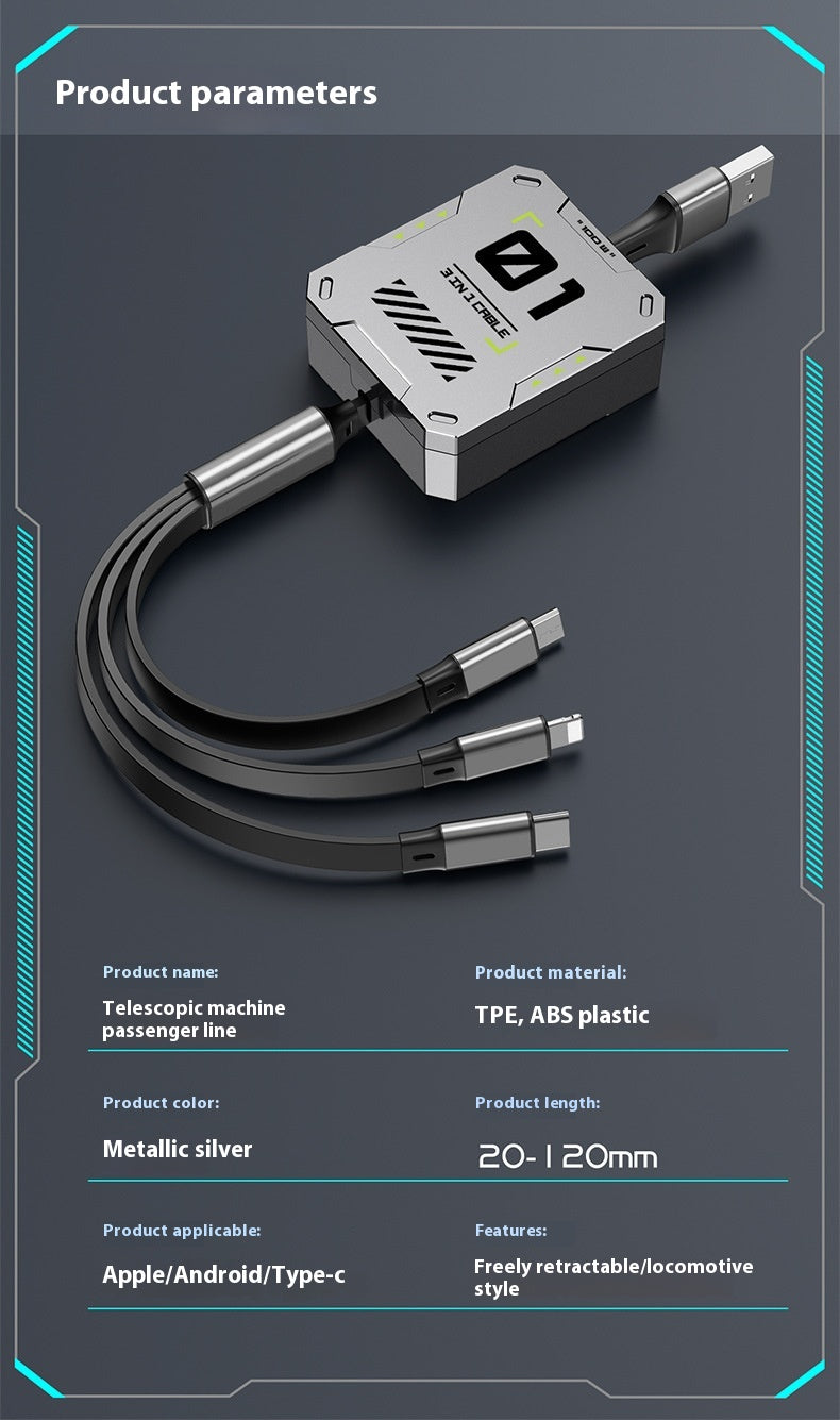 Data Cable Three-in-one 100W Super Fast Charge Telescopic One Drag Three