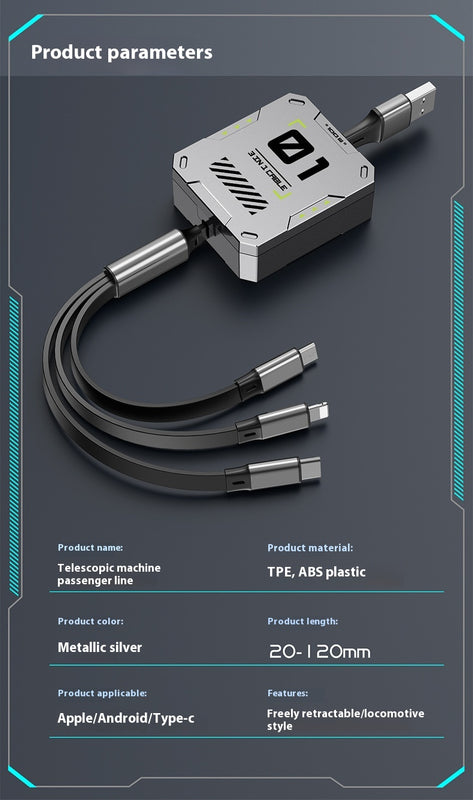 Data Cable Three-in-one 100W Super Fast Charge Telescopic One Drag Three