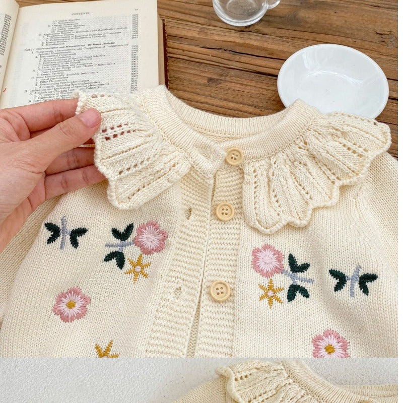 Children's Flower Embroidered Lotus Collar Knitted Warm Long Sleeve Cardigan Jacket