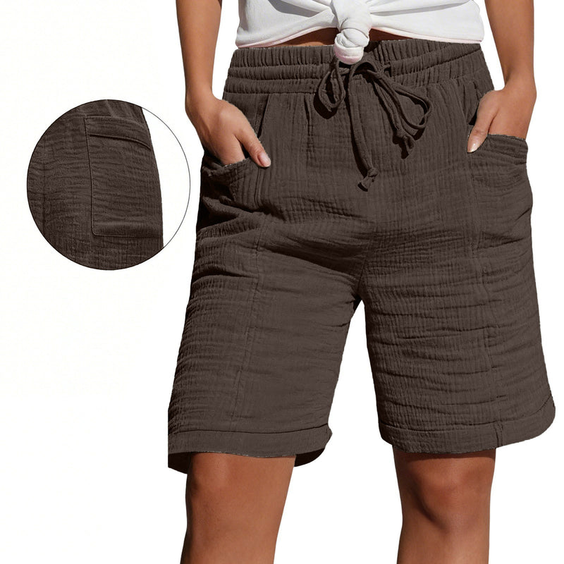 Womens Lace-up Pocketed Double-layered Pleated Capri Shorts
