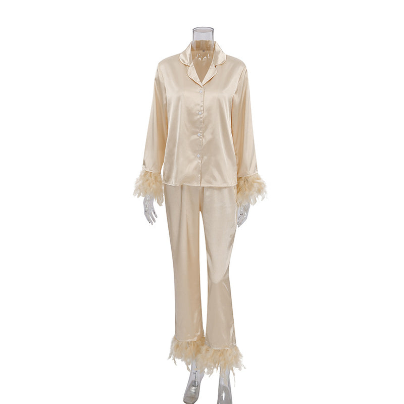 Summer European And American Ice Silk Pajamas Fashion Ostrich Feather Shirt Trousers Loose Two-piece Suit