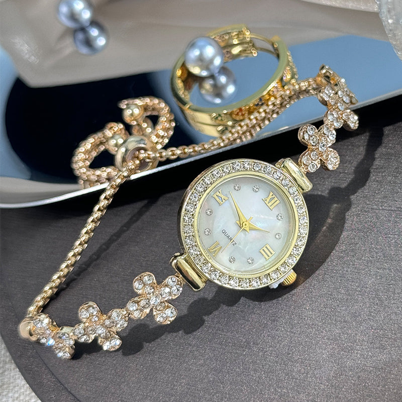 Relógio com pulseira extraível para estudantes em forma de flor e diamante embutido
