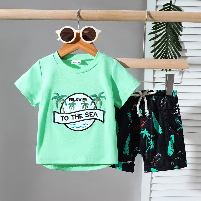 Conjunto de T-shirt e calções com bordado, estilo desportivo casual e de praia