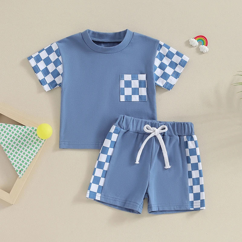 Lässiger karierter Kurzarm-Anzug mit Taschen für Damen