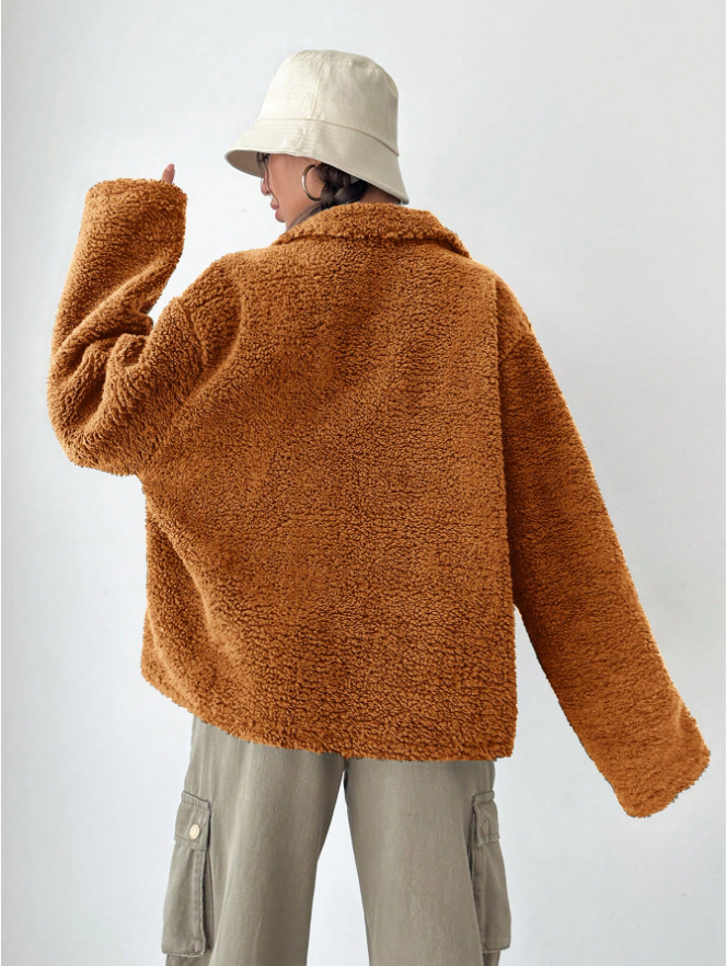 Damen Teddyfleece-Jacke mit überschnittenen Schultern und regulärer Passform