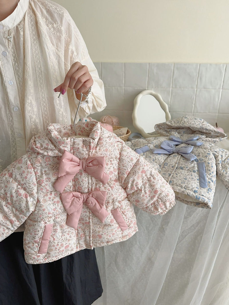 Winter Fashion Baby Floral Print Winter Bow Hooded Jacket