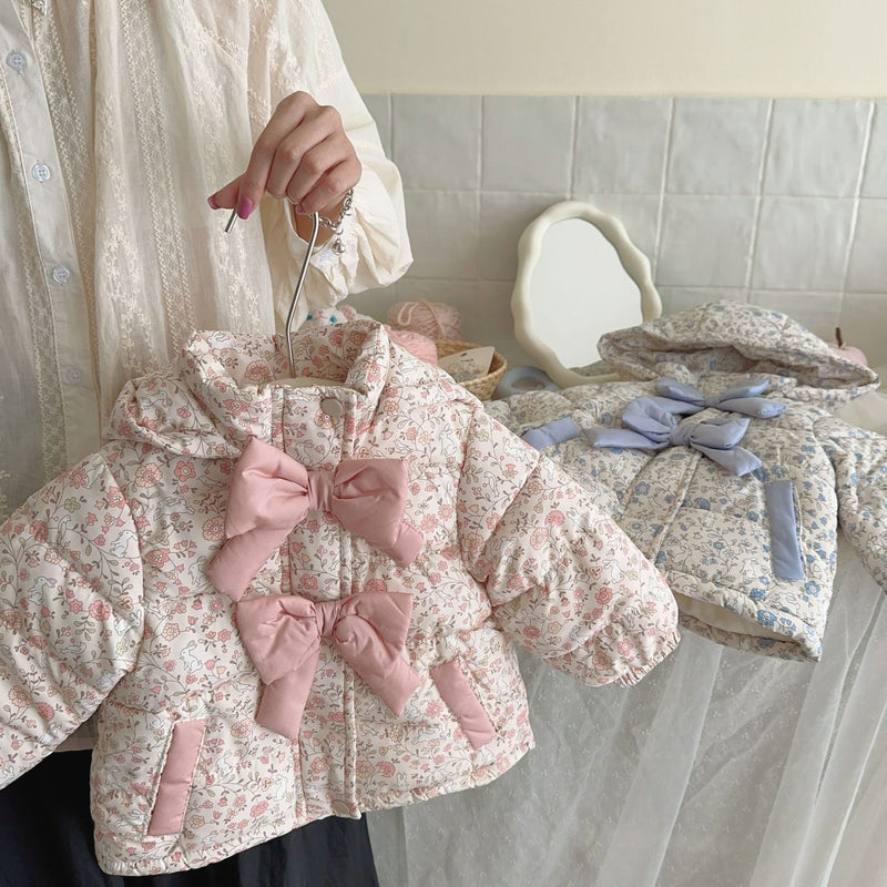 Winter Fashion Baby Floral Print Winter Bow Hooded Jacket