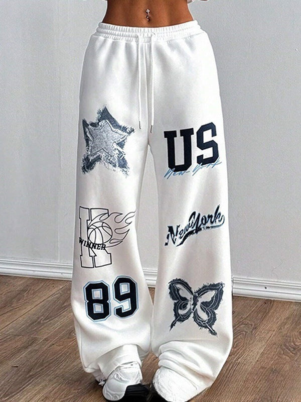 Women's Printed Drawstring Straight Sports Casual Pants