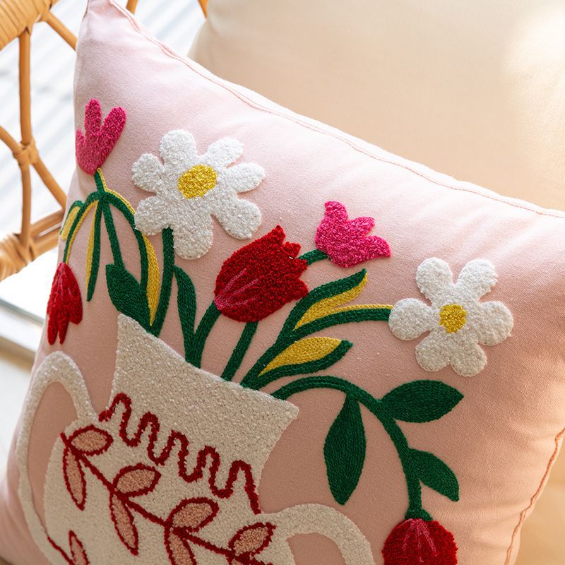 Capa de Almofada com Bordado de Flores em Algodão Puro Estilo Nórdico