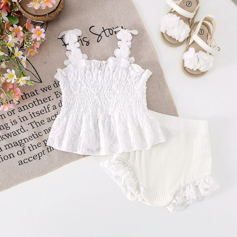 Mesh Smocking Sling Top Harem Pants Lace Two-piece Set
