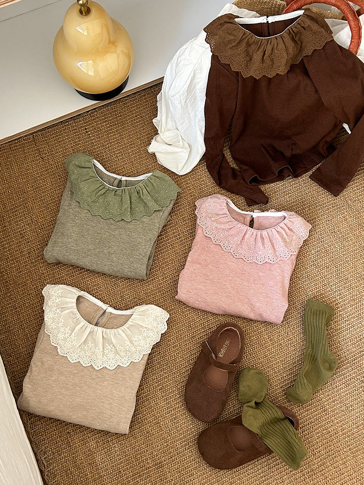 Girls' Soft Cashmere Sunken Stripe Lace Collar Bottoming Shirt