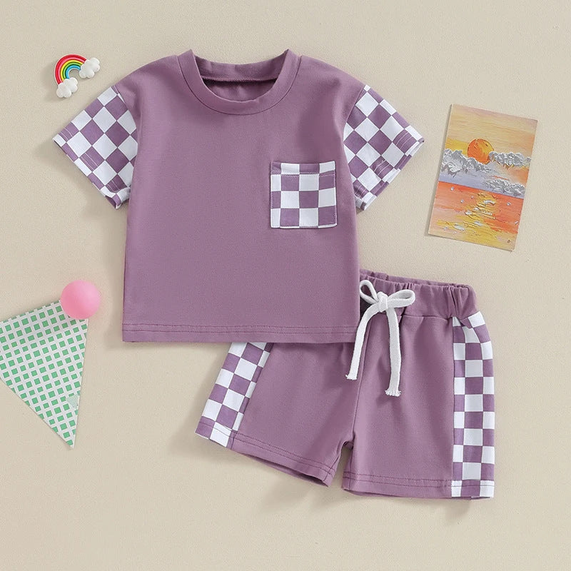 Lässiger karierter Kurzarm-Anzug mit Taschen für Damen