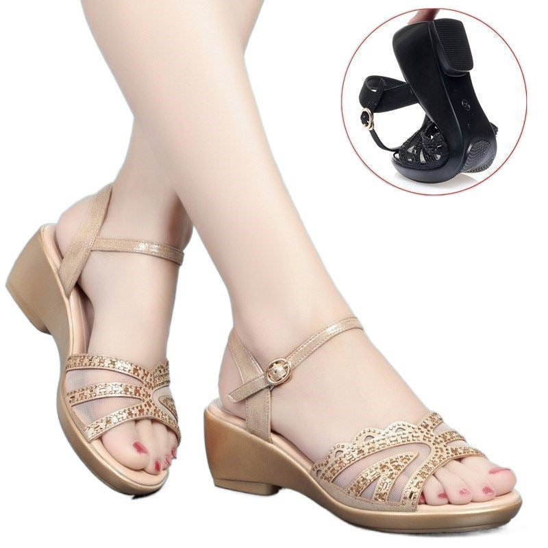 Damen-Sommersandalen mit grobem Keilabsatz und Ein-Riemen-Schnallenverschluss