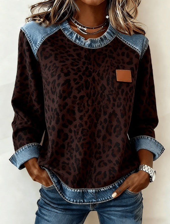 Casual Round Neck Denim Patchwork Leopard Print Long-sleeved Loose Top