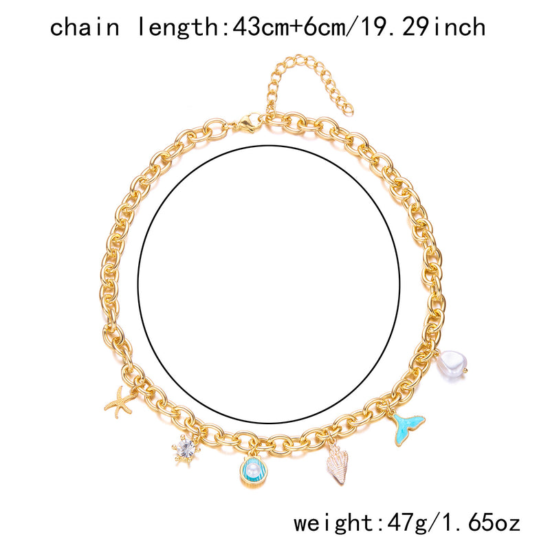 Moda feminina Starfish Pearl Shell Fishtail Multi-pingente Colar Pulseira