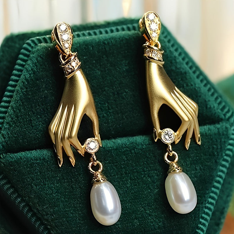 Creative Micro Inlaid Zircon Palm Pearl Pendant Earrings