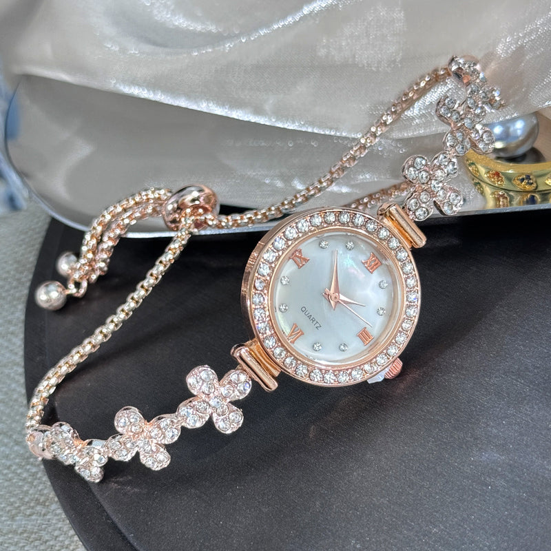 Relógio com pulseira extraível para estudantes em forma de flor e diamante embutido
