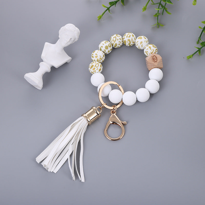 Color Silicone Bead Bracelet PU Tassel Key Chain