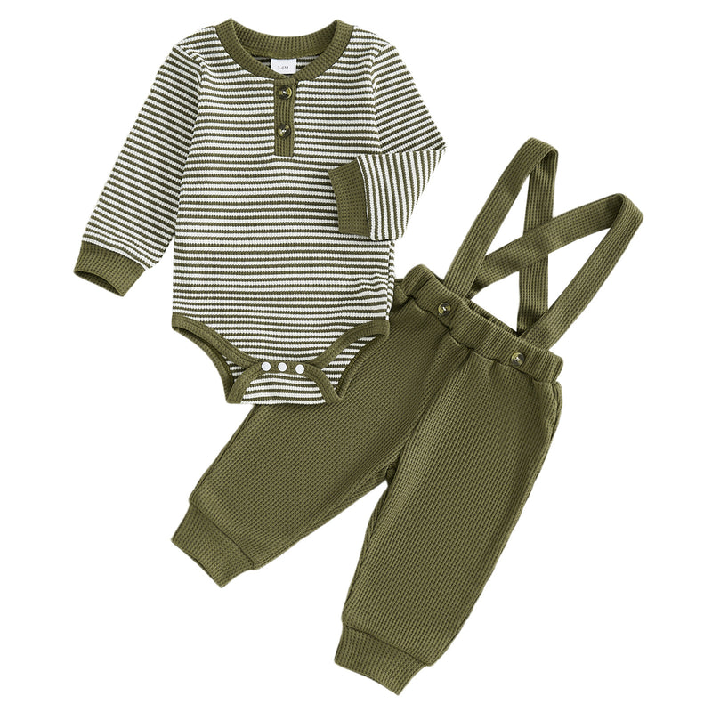 Striped Waffle-knit Long-sleeve Romper Waffle-knit Suspender Pants
