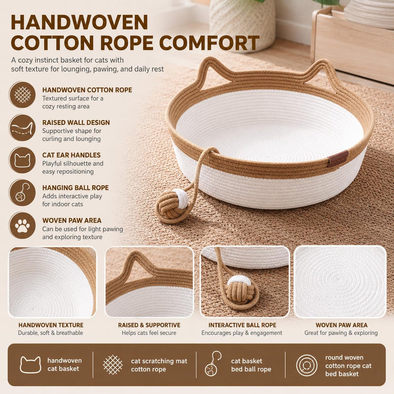 Cesto para Gatos, Cama Cesto para Gato Tecida à Mão de 35&40&46cm com Pegas em Forma de Orelhas de Gato, Cama Cesto para Gato em Corda de Algodão com Bola, Uso Interior para Todos os Gatos